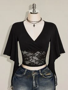 SHEIN ICON 女款夏季優雅蕾絲拼接短版T恤 - 黑色 - 查看 4