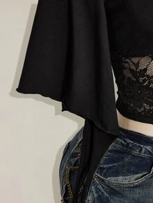 SHEIN ICON 女款夏季優雅蕾絲拼接短版T恤 - 黑色 - 查看 6