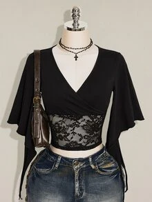 SHEIN ICON 女款夏季優雅蕾絲拼接短版T恤 - 黑色 - 查看 3