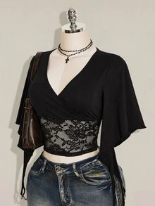 SHEIN ICON 女款夏季優雅蕾絲拼接短版T恤 - 黑色 - 查看 9