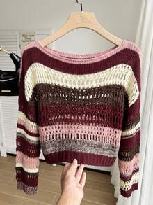 Solflare 大尺碼女款條紋船領落肩長袖鏤空套頭針織衫 - 粉色 - 查看 3