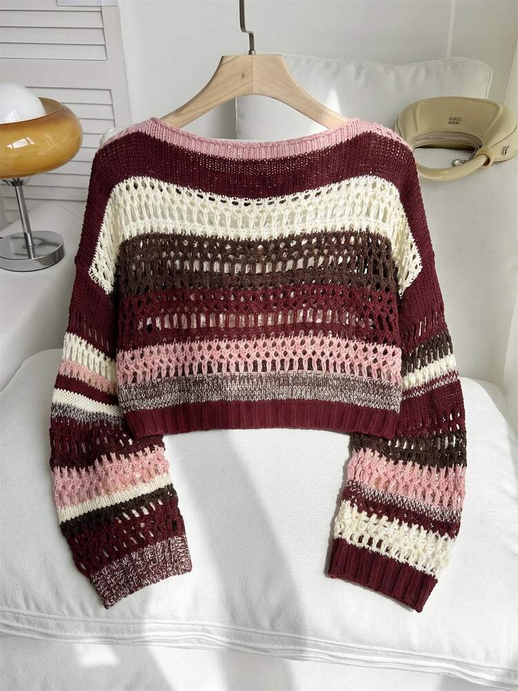 Solflare Plus Size Women's Striped Boat Neck Drop Shoulder Long Sleeve Hollow Out Pullover Sweater - Pink - View 2