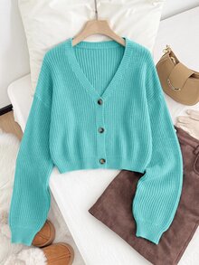 SHEIN EZwear Plus Size Button Long Sleeve Fashionable Cardigan Sweater - Teal Blue - View 4