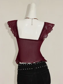 SHEIN ICON Women's Ruched Front Fitted Sexy Mesh Patchwork Cap Sleeve Backless Casual Vacation Cropped Tank Top - Red Violet - View 2