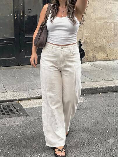 Anewsta Women's New Fashion Design Patchwork White Straight Leg Plus Size Pants