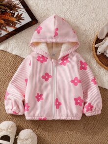 SHEIN Playful Pals 1件女嬰連帽外套 可愛公主風 粉色白色條紋花卉 絨毛長袖 加厚戶外派對冬季嬰兒水豚拉鍊外套 - 粉色 - 查看 3