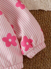 SHEIN Playful Pals 1件女嬰連帽外套 可愛公主風 粉色白色條紋花卉 絨毛長袖 加厚戶外派對冬季嬰兒水豚拉鍊外套 - 粉色 - 查看 8
