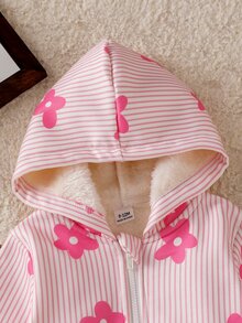 SHEIN Playful Pals 1件女嬰連帽外套 可愛公主風 粉色白色條紋花卉 絨毛長袖 加厚戶外派對冬季嬰兒水豚拉鍊外套 - 粉色 - 查看 4