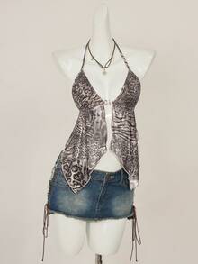 SHEIN ICON Vintage Leopard Print V-Neck Backless Halter Tank Top With Slit Hem - Multicolor - View 5