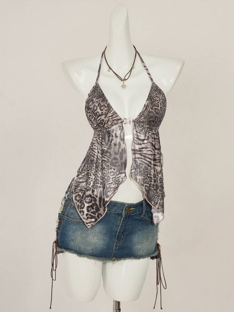 SHEIN ICON Vintage Leopard Print V-Neck Backless Halter Tank Top With Slit Hem - Multicolor - View 5