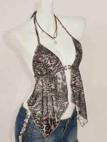 SHEIN ICON Vintage Leopard Print V-Neck Backless Halter Tank Top With Slit Hem - Multicolor - View 7
