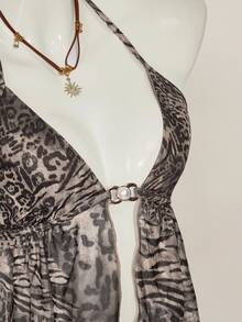 SHEIN ICON Vintage Leopard Print V-Neck Backless Halter Tank Top With Slit Hem - Multicolor - View 4