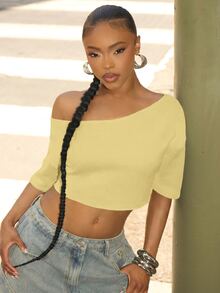 Denimoi Crop Top Off Shoulder dengan Tepi Kasar, Pakaian Streetwear Modis, Pakaian Sehari-hari - Kuning muda - View 4