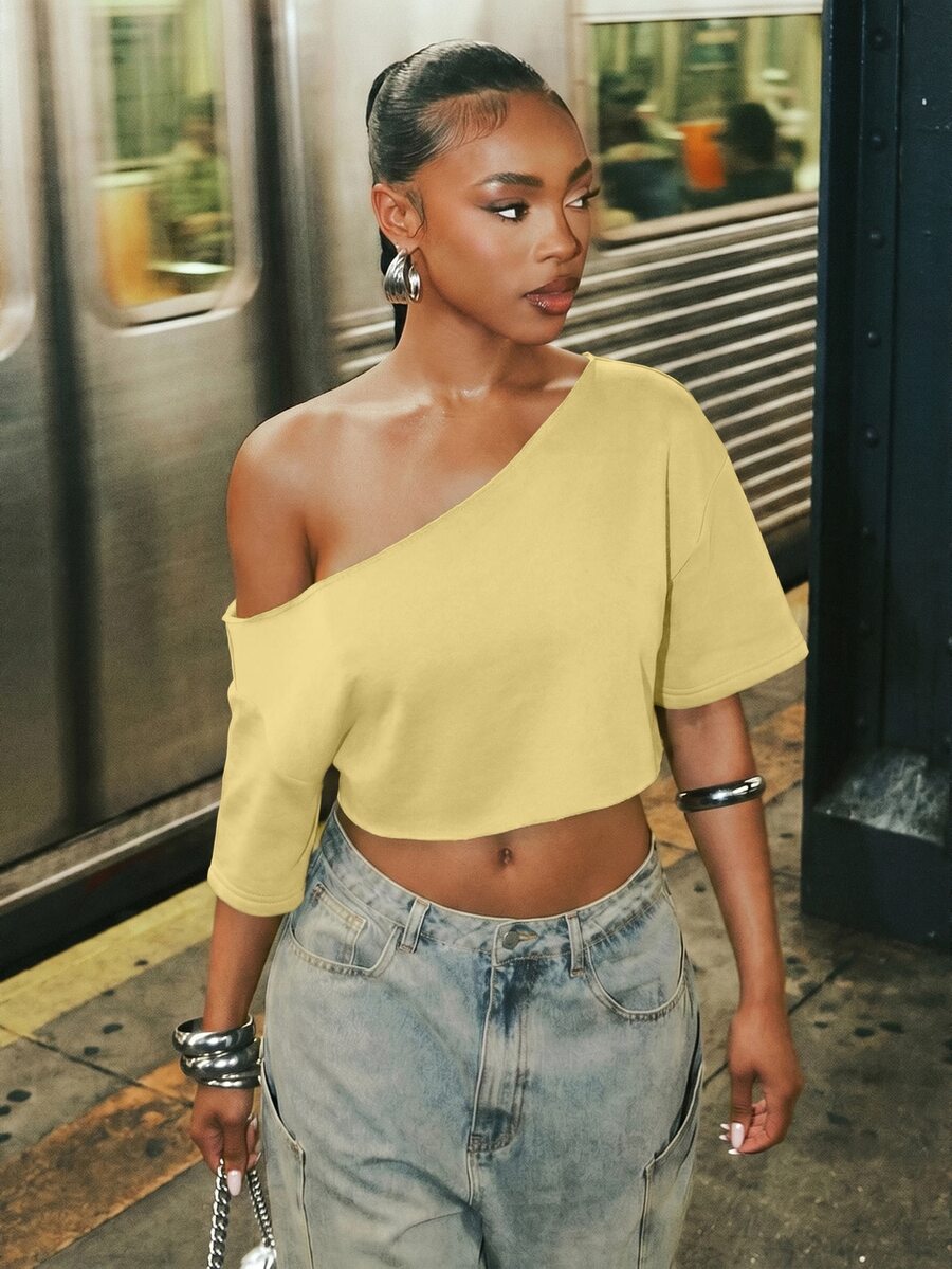 Denimoi Crop Top Off Shoulder dengan Tepi Kasar, Pakaian Streetwear Modis, Pakaian Sehari-hari - Kuning muda - View 1