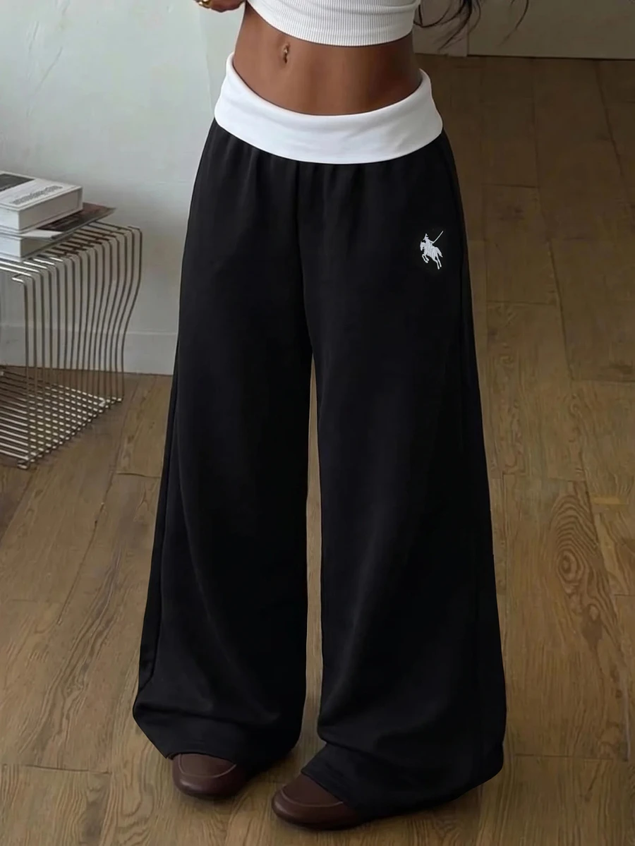 SHEIN 青少年女孩騎士印花拼色寬腿寬鬆休閒運動長褲 冬季 - 彩色 - 查看 1