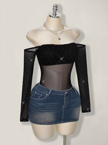 SHEIN ICON 女士水钻网纱露肩长袖性感连体衣 - 黑色 - 查看 9