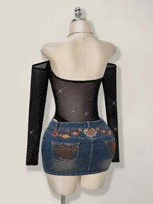 SHEIN ICON 女士水钻网纱露肩长袖性感连体衣 - 黑色 - 查看 10