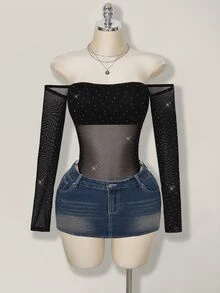 SHEIN ICON 女士水钻网纱露肩长袖性感连体衣 - 黑色 - 查看 7
