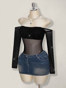 SHEIN ICON 女士水钻网纱露肩长袖性感连体衣 - 黑色 - 查看 8