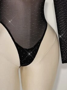 SHEIN ICON 女士水钻网纱露肩长袖性感连体衣 - 黑色 - 查看 6