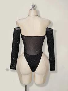 SHEIN ICON 女士水钻网纱露肩长袖性感连体衣 - 黑色 - 查看 4