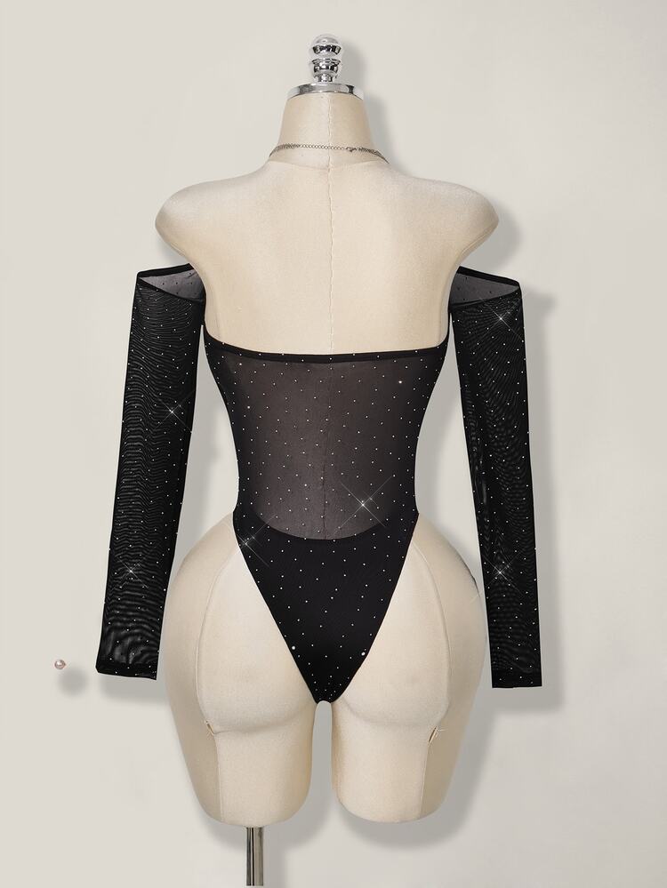 SHEIN ICON Women's Black Party Rhinestone Mesh Off-Shoulder Long Sleeve Sexy Bodysuits,Winter Outfit For Women,Glitter Top - Black - View 2