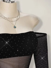 SHEIN ICON 女士水钻网纱露肩长袖性感连体衣 - 黑色 - 查看 5