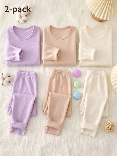 Girls Purple Bow Embossed Soft Comfortable Autumn/Winter High Neck Long Sleeve Long Pants Base Layer Thermal Underwear Fleece-Lined And Thickened