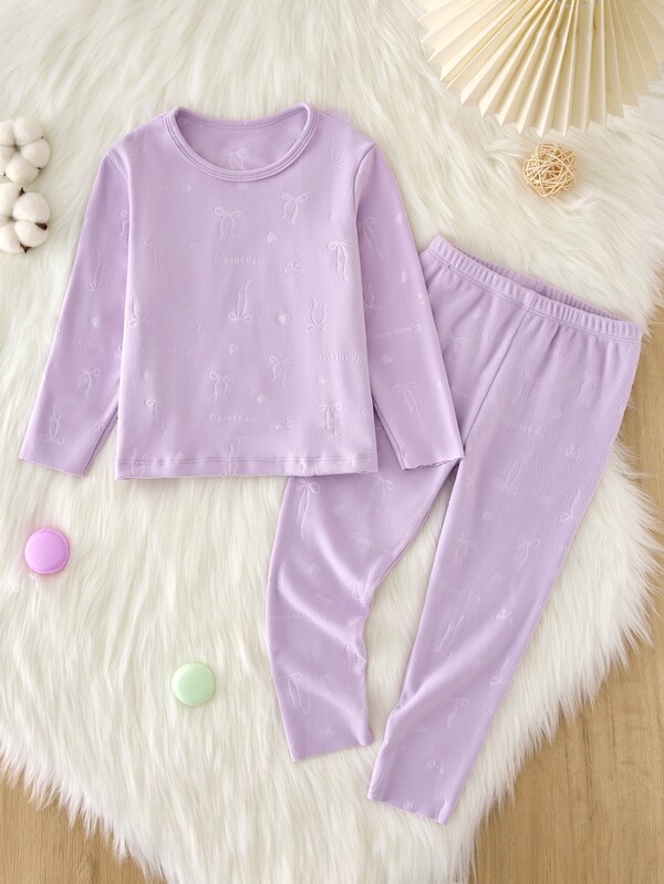Girls Purple Bow Embossed Soft Comfortable Autumn/Winter High Neck Long Sleeve Long Pants Base Layer Thermal Underwear Fleece-Lined And Thickened