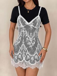 SHEIN PETITE 黑白蕾絲 2 合 1 短洋裝 - 黑與白 - 查看 3