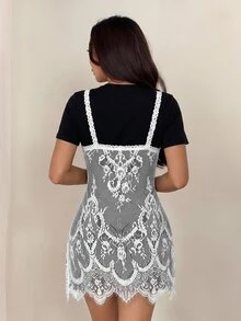 SHEIN PETITE 黑白蕾絲 2 合 1 短洋裝 - 黑與白 - 查看 2