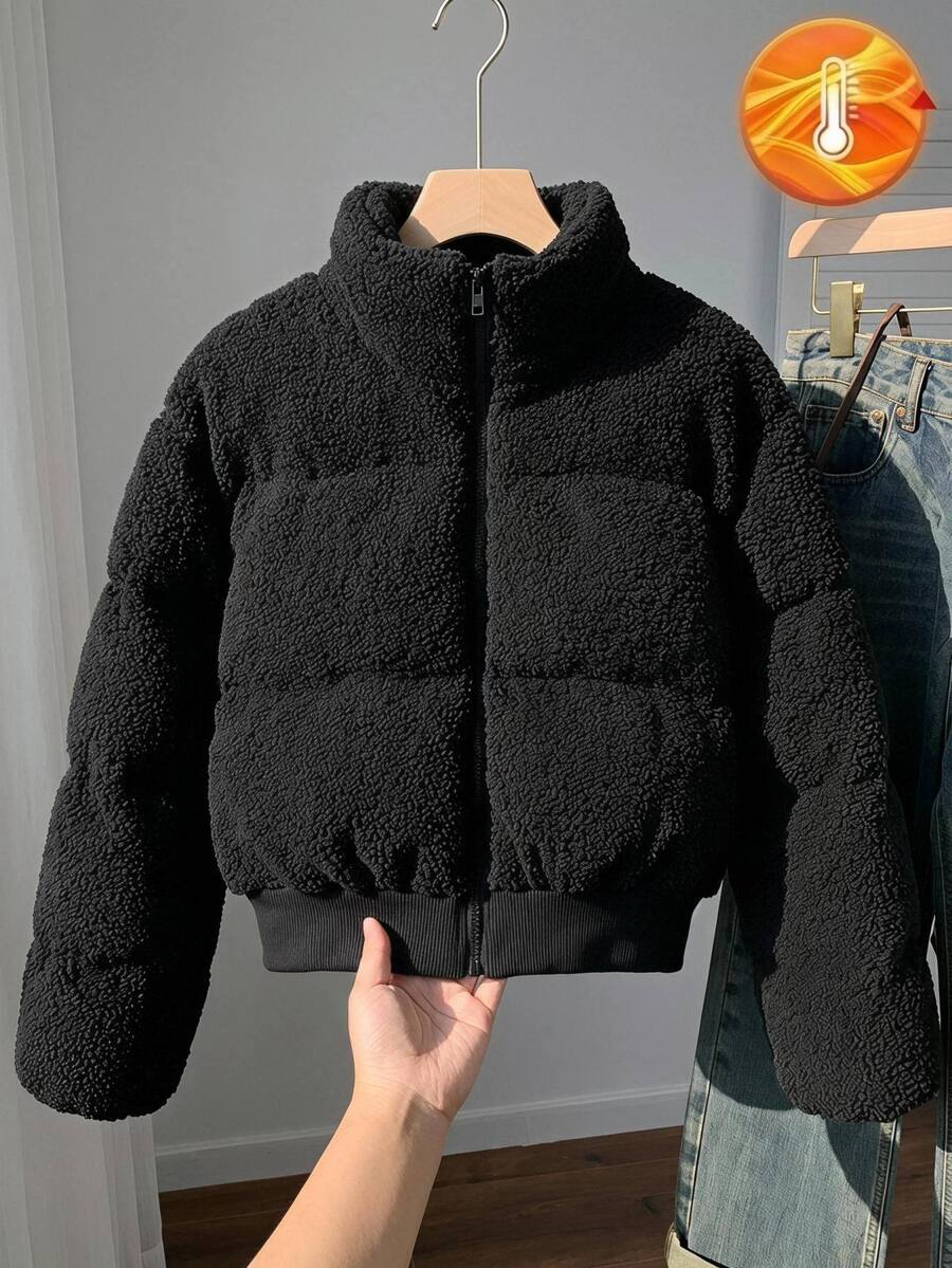 SHEIN 青少年女孩秋冬休閒街頭風黑色保暖內裡加厚立領泰迪絨短夾克外套 - 黑色 - 查看 1