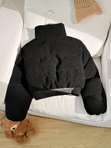 SHEIN 青少年女孩秋冬休閒街頭風黑色保暖內裡加厚立領泰迪絨短夾克外套 - 黑色 - 查看 2