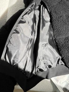 SHEIN 青少年女孩秋冬休閒街頭風黑色保暖內裡加厚立領泰迪絨短夾克外套 - 黑色 - 查看 9