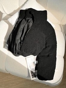 SHEIN 青少年女孩秋冬休閒街頭風黑色保暖內裡加厚立領泰迪絨短夾克外套 - 黑色 - 查看 4