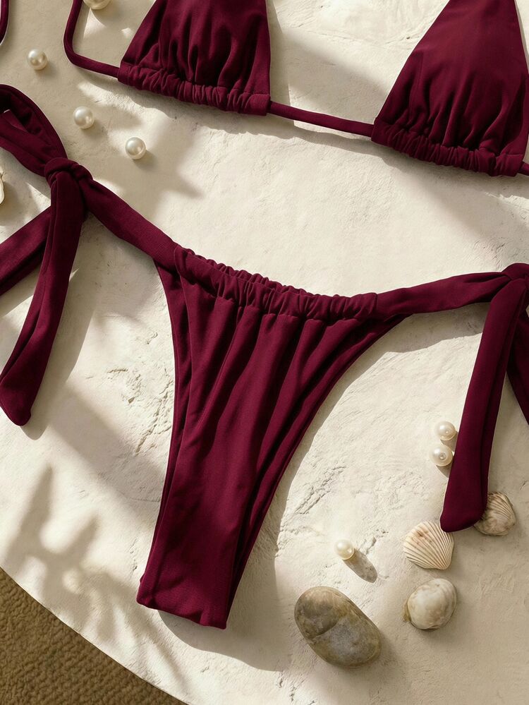 Swim SXY Brad Style Sexy Mini Cup Bowknot Strap Women Swimwear Set - Burgundy - View 3