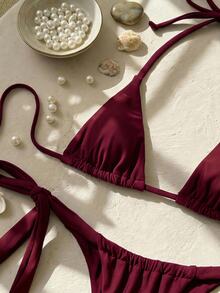 SHEIN Swim 布拉德风格性感迷你杯蝴蝶结肩带女士泳装套装 - 酒紅色 - 查看 2