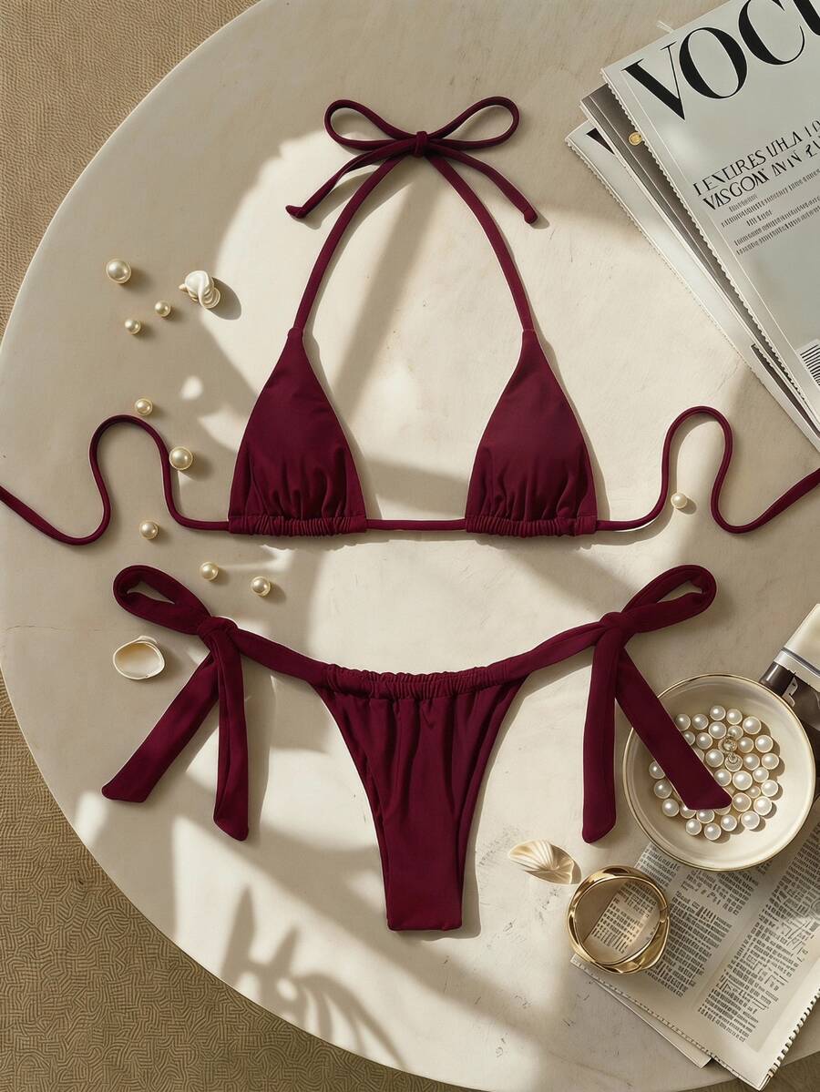 SHEIN Swim 布拉德风格性感迷你杯蝴蝶结肩带女士泳装套装 - 酒紅色 - 查看 1