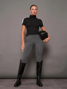 Activina 女款高腰口袋休閒日常馬術緊身褲 優雅綠色運動日常穿著 時尚休閒 透氣 歐式花卉膠印 - 深灰色 - 查看 4