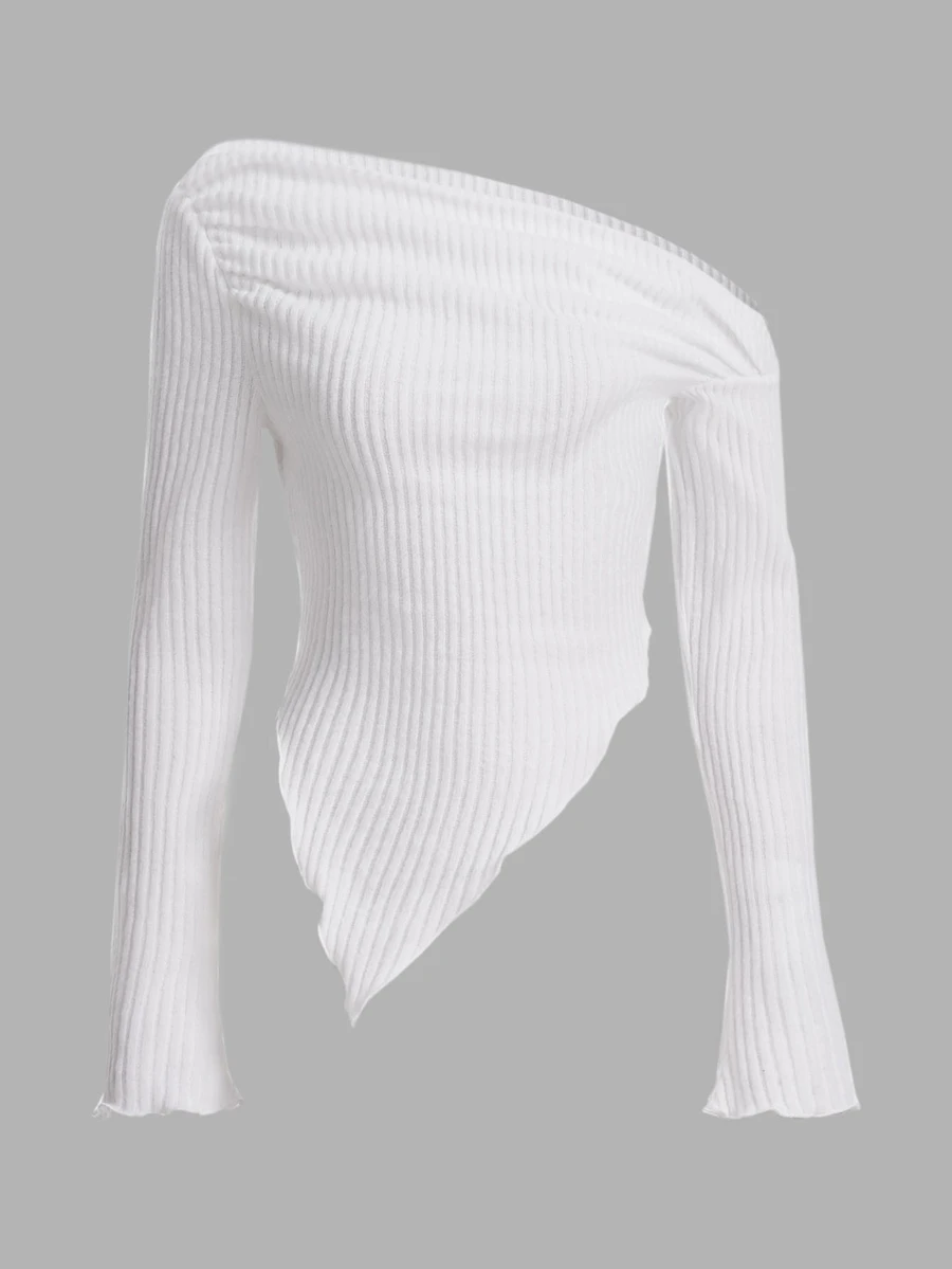 SHEIN ICON Y2K Grunge Asymmetrical Neck Lettuce Trim Tee - White - View 1