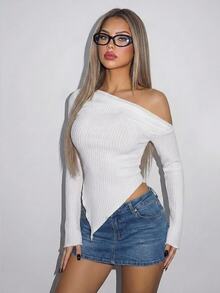 SHEIN ICON Y2K Grunge Asymmetrical Neck Lettuce Trim Tee - White - View 3