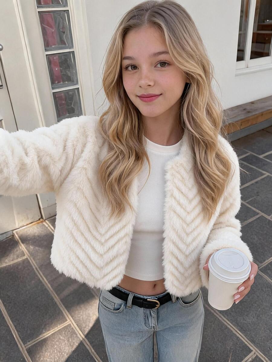 SHEIN Tween Girl Tween Girl Tween Girl Autumn/Winter Minimalist Faux Fur Coat, Suitable For Party, Streetwear , Fall/Winter - White - View 1