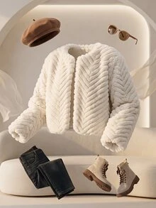 SHEIN Tween Girl Tween Girl Tween Girl Autumn/Winter Minimalist Faux Fur Coat, Suitable For Party, Streetwear , Fall/Winter - White - View 9