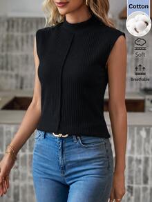 SHEIN LUNE Women's Casual Commute Sleeveless Vest, Patchwork Design, Autumn/Winter Daily Basic Fashion Outwear - Black - View 6