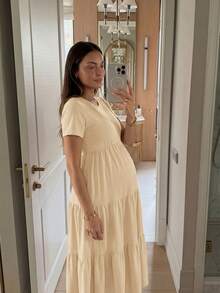 Slowluna 孕婦夏季休閒柔軟修身度假日常通勤純色短袖層次下擺洋裝 拍照正式場合適用 - 黃色 - 查看 5