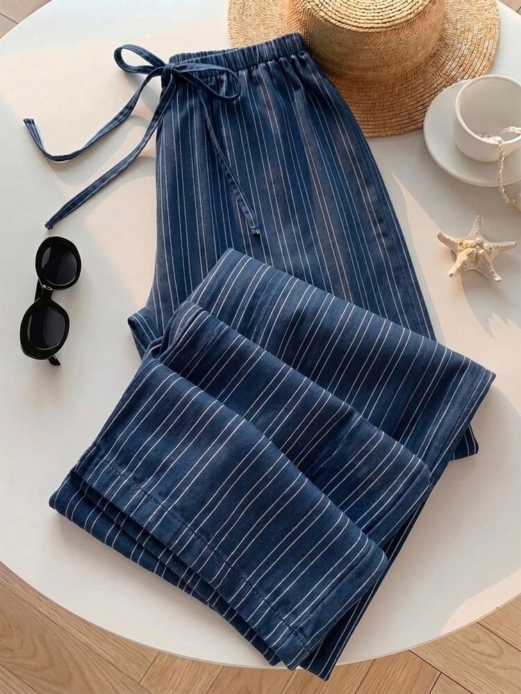 SHEIN Tween Girl Striped Casual Tween Girl Versatile Daily Wear Long Pants - Navy Blue - View 2