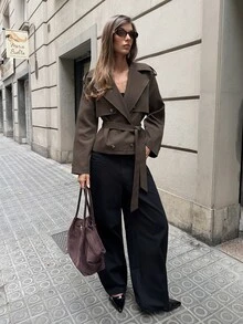 Aloruh 女款純色腰帶休閒法式優雅百搭日常通勤風衣外套 辦公旅行棕色調秋季 - 摩卡棕 - 查看 7