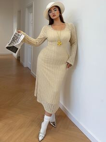 SHEIN Unity 时尚百搭优雅蕾丝罩衫长袖细肩带连衣裙套装 - 杏色 - 查看 7