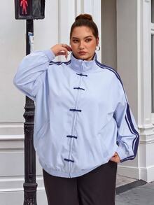 SHEIN CURVE+ 大尺碼女款休閒時尚百搭輕便拼接側條紋立領夾克，單扣新中式外套，秋冬款 - 藍色 - 查看 2
