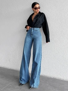 SHEIN Tall 女款時尚百搭口袋鈕扣寬鬆牛仔褲 夏季休閒正式 Y2K 商務鄉村牛仔女郎復古返校度假之夜 - 藍色 - 查看 5